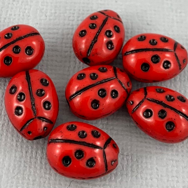 Cherry Red Czech glass pressed ladybug beads, black detail, bug beads, summer beads, insect beads - 14mm x 11mm - 6 pcs - AB366-b234