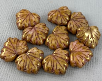 Dusty Pink Czech glass maple leaf beads, gold luster, stone look, fall leaves - 13mm x 11mm - 10 or 20 pcs - FB1104-b182