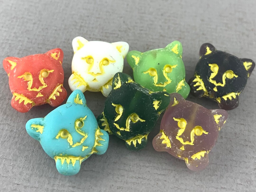 Pressed Czech Glass Cat Beads Animal Beads Yellow Finish Etsy