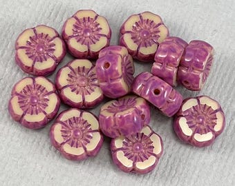 Almond Crème hibiscus, Czech glass table cut flower beads, daisy, cherry, orchid purple wash, cream ecru - 9mm x 8mm - 12 pcs - FB1986-b023