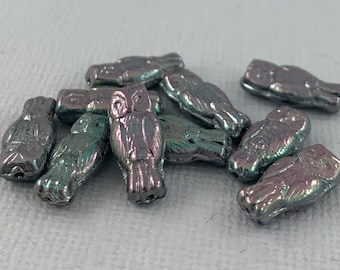 Mix, pressed Czech glass tiny Owl beads, iridescent green and pink aurora borealis finish, bird, woodland - 14mm x 6mm - 10pcs - AB575-b272