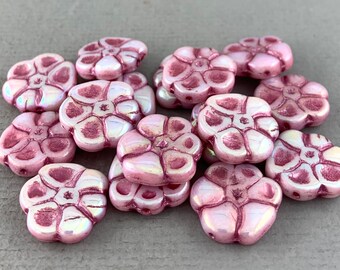 Pink & Rainbow Aurora Borealis Primrose flower beads, Czech glass, Pink wash - 15mm - 6 pcs - FB864-b187