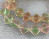 Peach or Pink and vaseline Green transparent glass pressed cube beads, matte finish, diamond - 9mm x 7mm - 10 pcs - FB075-b64