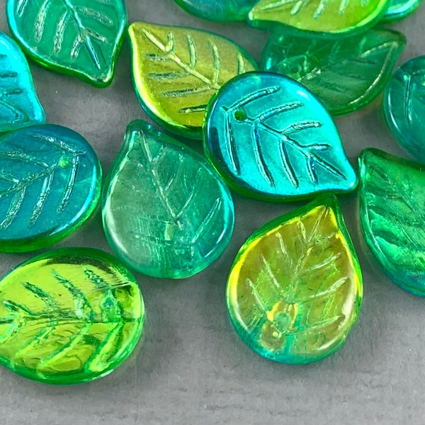 Transparent Green aurora borealis Czech glass apple leaf beads, pressed beads, iridescent, lime, teal - 18mm x 13mm - 12 pcs - FB010-b003