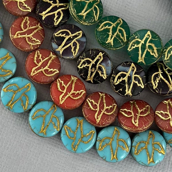 Sparrow beads, opaque matte Czech glass bird coin beads, gold wash, pressed, blue, red, teal green, black - 11mm - 8 pcs - AB590-b176