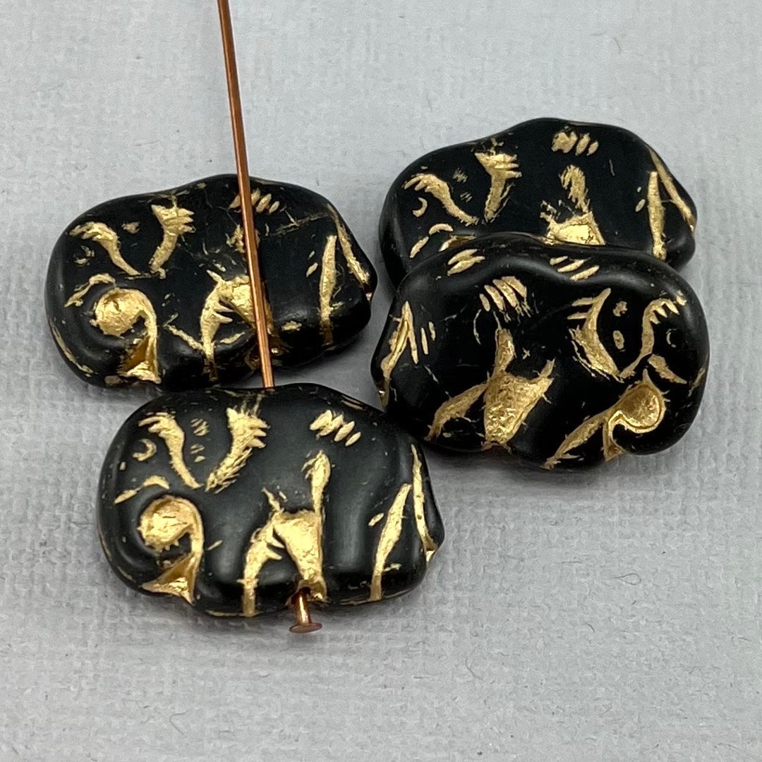 Black Elephant Beads, Opaque, Matte, Czech Glass, Metallic