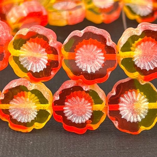 Delicate Transparent Bright Yellow & Orange Czech hibiscus glass flower beads, frosted finish, table cut - 14mm - 6 or 12 pcs - FB2117-b109