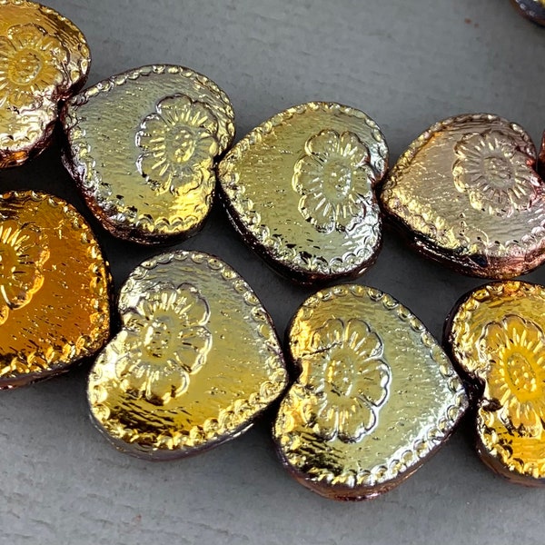 Random mix, metallic gold pressed Czech glass heart beads , rose gold, old gold, puffy heart, flower, daisy - 18mm - 4pcs - MG770-b93