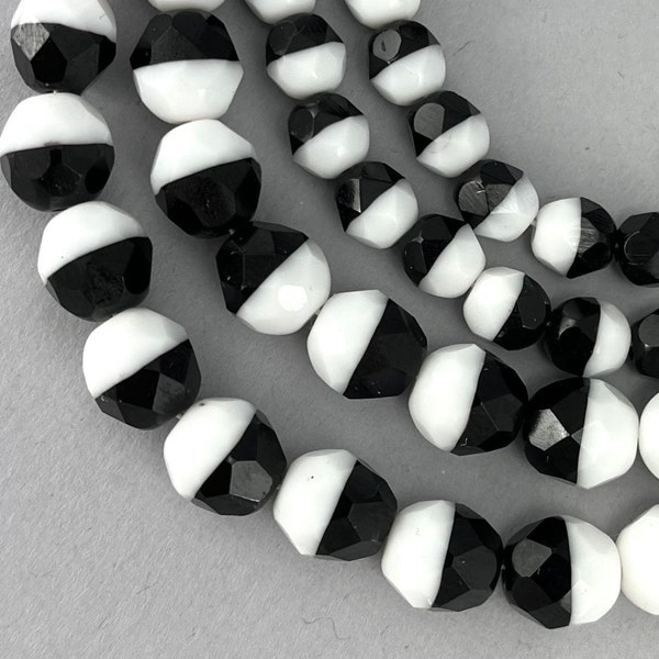 White and Jet Black bicolored Czech glass pressed, faceted, fire polished beads, bicolor opaque beads - 8mm, 6mm or 4mm - RD250-b103