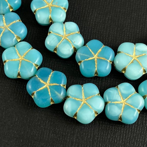 Opal Blue Czech glass flower beads, metallic gold wash finish, puffy flower beads - 15mm - 6 pcs - FB1315-b030