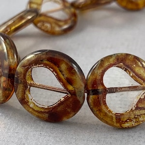 Heart Coin, Transparent Clear Czech glass table cut beads, brown picasso finish, table cut - 17mm or 21mm - MG707-b157
