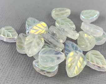 Clear Czech glass birch leaf beads, aurora borealis - 10mm x 8mm - 20 or 40 pcs - FB2027-b107