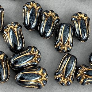 Metallische Hämatite tschechische Glas Tulpenblumenperlen, bauschige Blumen, Goldwäsche, charcoal, schwarz - 12 mm x 8 mm - 12 oder 24 Stück - FB171-B280