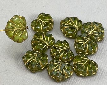 Olive green Czech glass maple leaf beads - 13mm x 11mm - 10 or 20 pcs - LF042-b290