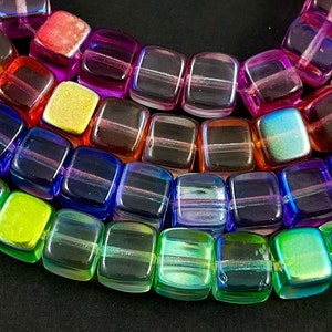 Variegated clear, pink, blue, orange or green glass pressed cube beads, aurora borealis - 8mm x 7mm - 10 pcs - GEO263-b258