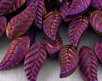Matte Metallic Purple engraved leaf glass beads, aurora borealis finish, iridescent, top drilled - 18mm x 8mm - 10 pcs - FB910-b047