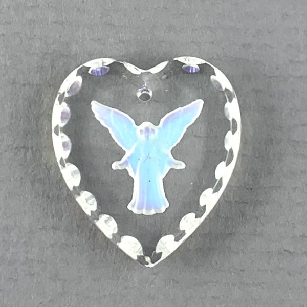 Crystal clear aurora borealis guardian angel, intaglio buff glass heart pendant, charm, top drilled archangel - 20mm x 18mm - 1pc - MG470