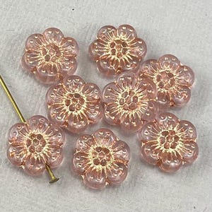 Transparent Pale Pink Czech glass wild rose flower beads, metallic rose gold wash detail, summer beads - 14mm - 6 or 12 pcs - FB1347-b008