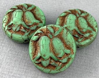 Silky Green moonglass, pressed Czech glass bell flower coin beads, pendants, bronze detail wash, rustic beads - 23mm - 1 pc - FB604-b089