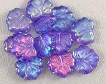 Czech glass maple leaf beads, aurora borealis, Blue Purple - 13mm x 10mm - 10 or 20 pcs - FB819-b488