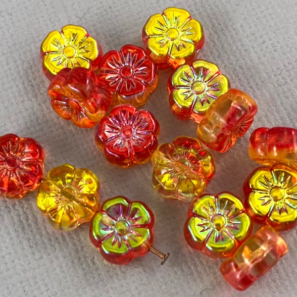 Sunrise mix of orange and yellow Czech glass hibiscus flower beads with metallic orange and yellow finish - 10mm - 12 pcs - FB2104-b282