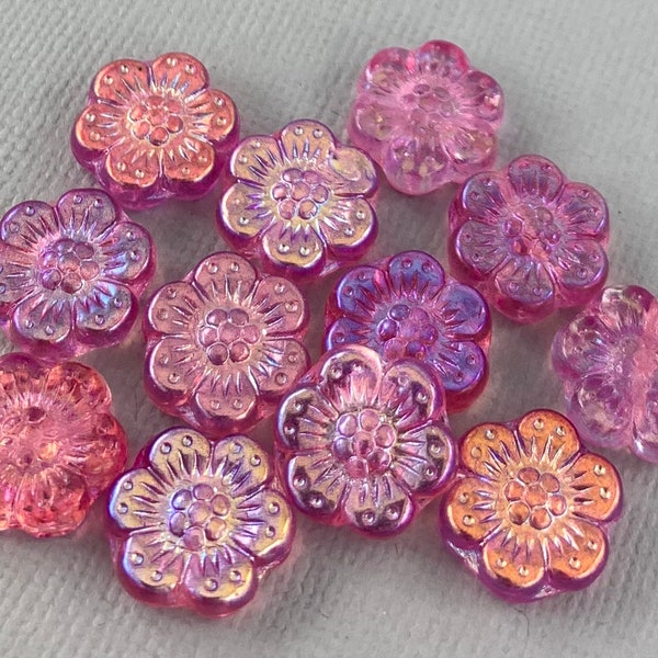 Transparent Pink Czech glass wild rose flower beads, aurora borealis finish, iridescent, blue, gold mix - 14mm - 6 or 12 pcs - FB960-b286