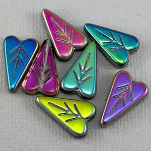 Heart shaped leaf beads, Czech glass, transparent, iris rainbow mix, pink, green, blue, yellow - 16mm x 11mm - 6 or 12 pcs - FB1586-b119
