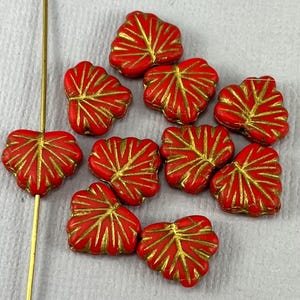 Red Czech glass maple leaf beads, metallic gold wash, autumn beads, fall leaves, matte - 13mm x 10mm - 10 or 20 pcs - LF047-b413