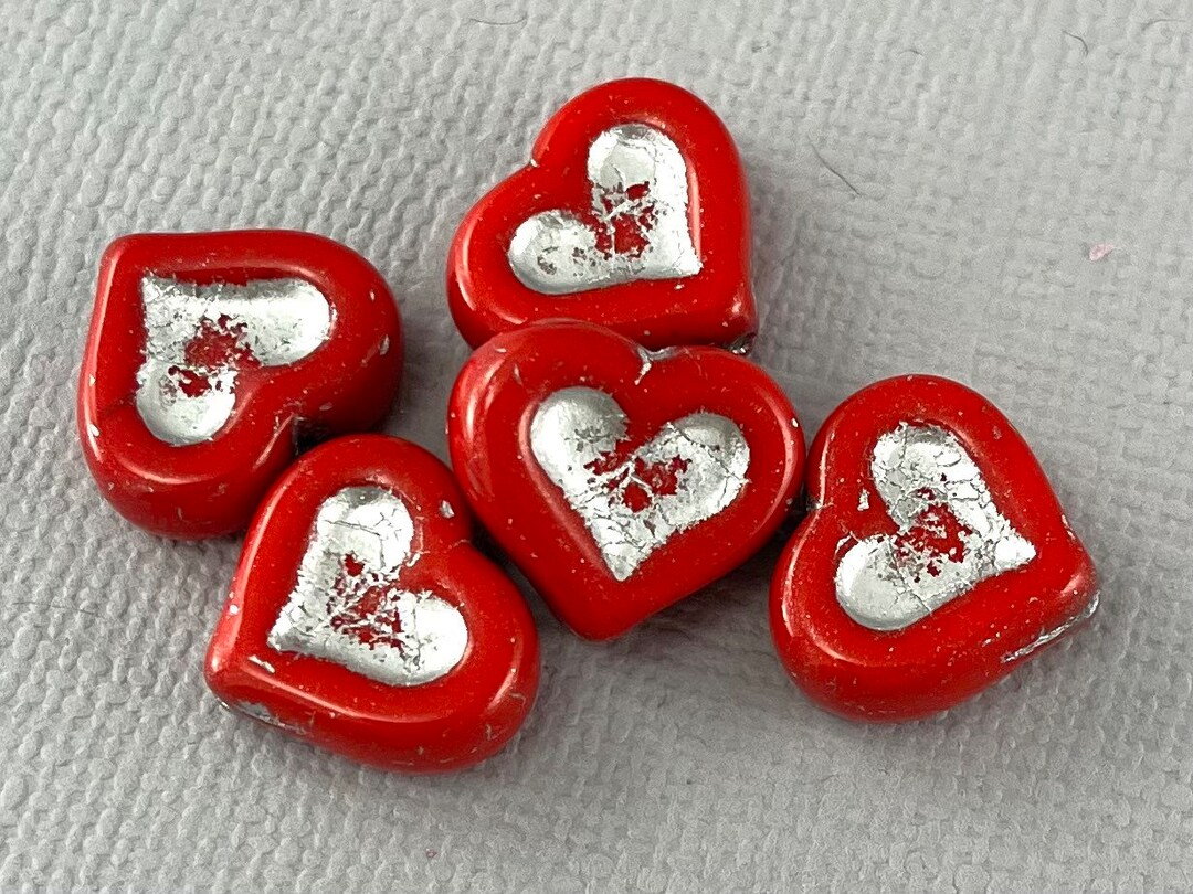 Bright Red Pressed Czech Glass Heart Beads, Silver Wash, Romantic Beads