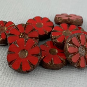 Sunflower glass beads, Cherry Red pressed, table cut Czech flower beads, picasso brown - 13mm - 10 or 20 pcs - FB1131-b209