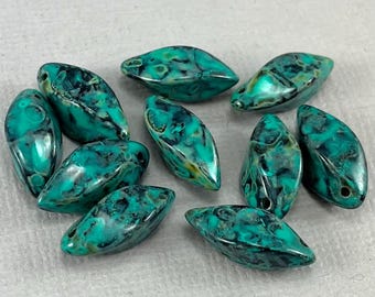 Pointed twisted icicle Drops, black, teal green & caramel picasso - 10 pcs - 16mm x 8mm - MG1327-b257