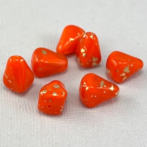 Bright Orange Opal pressed Czech glass squared teardrop beads, gold rain splatter, pear, opaline - 6 or 12 pcs - 12mm x 10mm - MG1069-b059