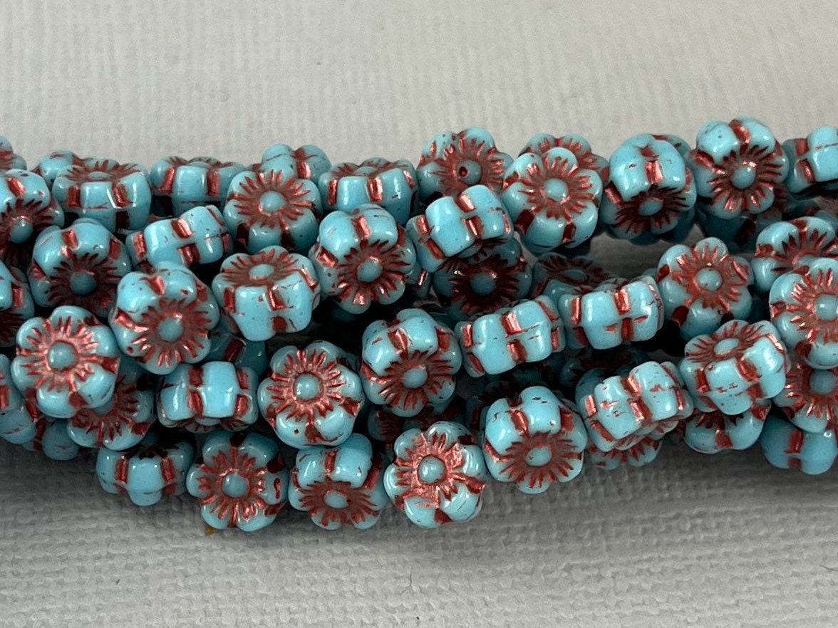 Tiny Sky Blue Hibiscus Beads, Czech Glass Flower, Copper Red