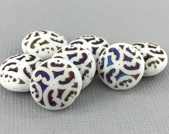 Matte, Snow White Czech glass pressed, metallic blue brown scroll, puffy coin, opaque - 14mm - 6 or 12 pcs - MG2041-b052