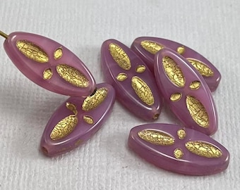 Perles de forme ovale en verre tchèque rose opale vieux lavis, perles de navire, mauve - 20 mm x 9 mm - 6 pièces - GEO354-b415