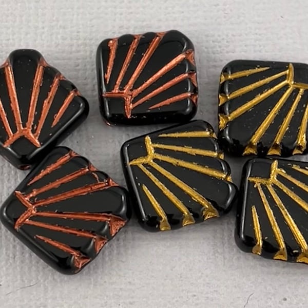 Art deco style Czech matte glass shell beads, opaque jet black, fan beads, grooved, gold or copper wash detail - 17mm - 10pcs - MG167-b301