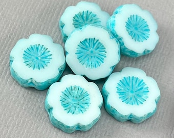 White hibiscus flower beads, aqua blue wash, Czech glass, cherry blossom - 14mm - 6 or 12 pcs - FB1878-b450