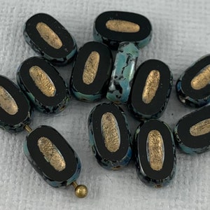 Little Black Czech glass table cut oval shaped beads, picasso finish edge, gold detail - 10mm x 6mm - 15 pcs - GEO314-b271