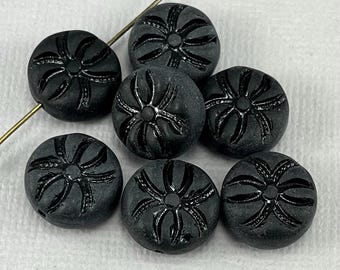 Spider, matte black Czech glass coin beads, glossy black insect - 13mm - 6 or 12 pcs - AB718-b504