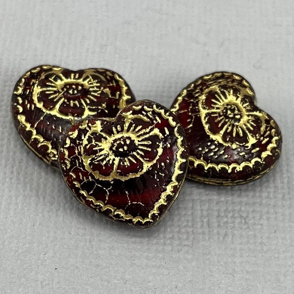 Variegated Red pressed Czech glass heart beads , metallic gold detail, puffy heart, flower, daisy, burgundy - 18mm - 4pcs - MG1050-b340