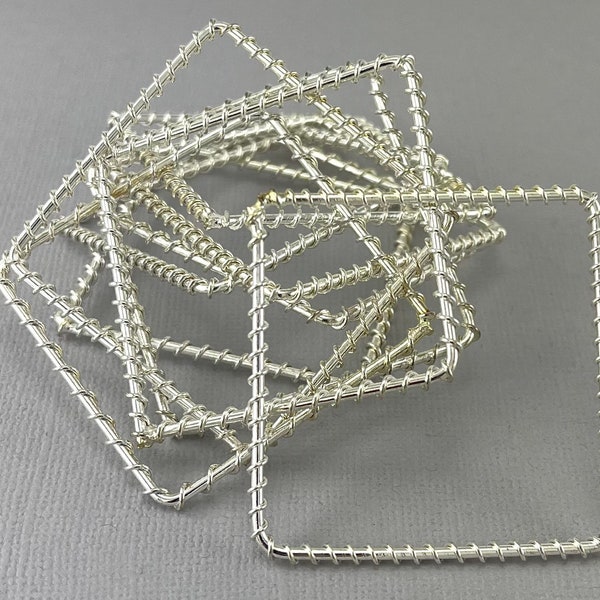 De-stash, Bright silver finish steel frame, square, diamond pendants, wire wrapped - 65mm or 40mm - 10pcs - FDS219-A3