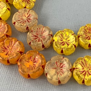 Lava finish Czech hibiscus glass flower beads, Orange Yellow mix detail, presed beads, metallic red copper wash - 14mm - 6 pcs - FB1152-b201