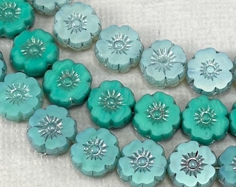 Sage, opaline green, tea green hibiscus, Czech glass flower beads, daisy, cherry - 8mm x 9mm - 12pcs - FB1800-b004