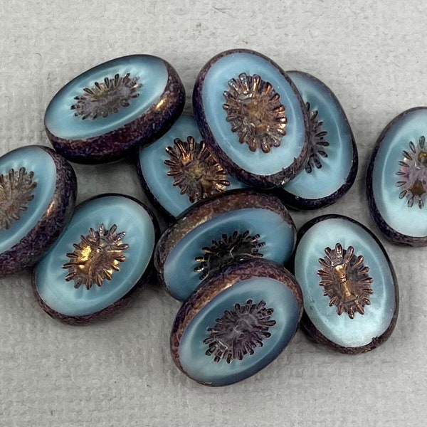 Moonglow Blue Czech glass oval kiwi beads, pressed, table cut, starburst, purple finish, gold luster - 14mm x 10mm - 10pcs - GEO266-b283