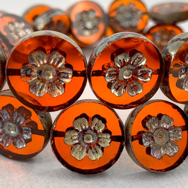 Burnt Orange Czech glass coin beads, orange, bronze detailed flower, transparent - 16mm - 6 pcs - FB155-b14