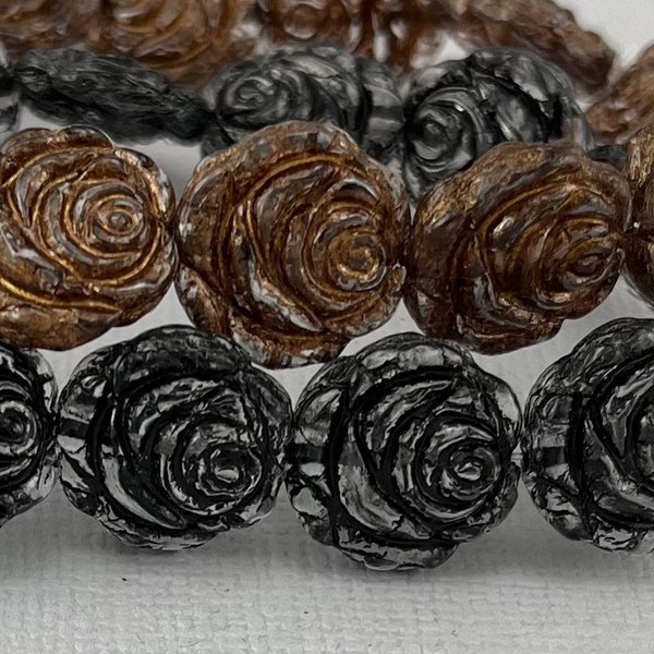 Crystal Clear pressed Czech glass rose flower beads, black or bronze wash carved rose beads - 14mm - 6 or 12 pcs - FB1380-b191