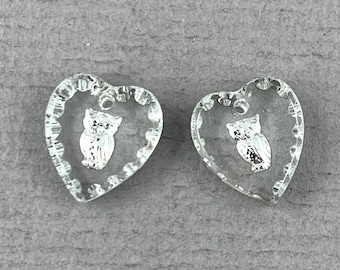 Small, crystal clear, silver owl, intaglio buff glass heart pendant pair, charms, top drilled - 12mm x 11mm - 2pcs - MG657