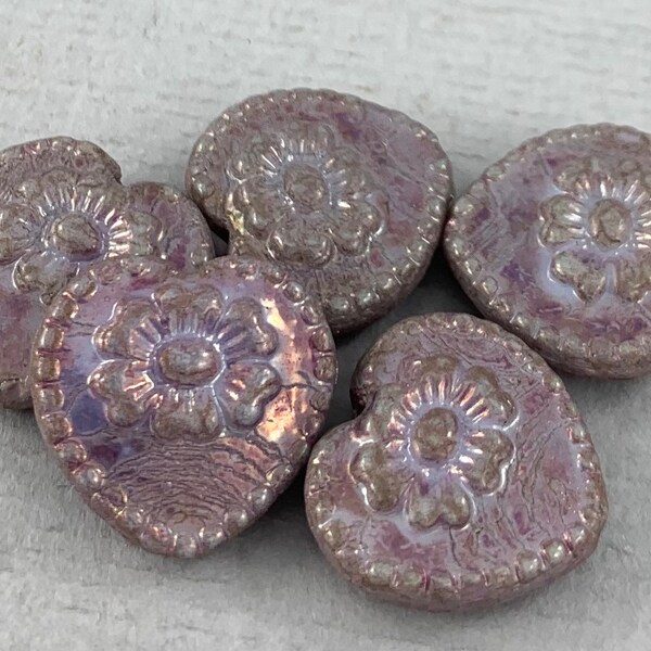 Opaque Rustic purple picasso, gold luster pressed Czech glass heart beads, puffy heart, flower, daisy - 18mm - 4 or 8 pcs - MG173-b310