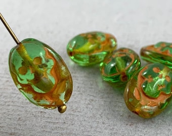 Peridot Green Skull beads, pressed Czech glass, oval shaped, toffee brown detail, Halloween - 15mm x 10mm - 6pcs - MG798-b91