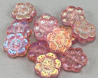 Transparent Rosaline Pink Czech glass wild rose flower beads, aurora borealis finish, iridescent mix - 14mm - 6, 12 or 24 pcs - FB960-b365